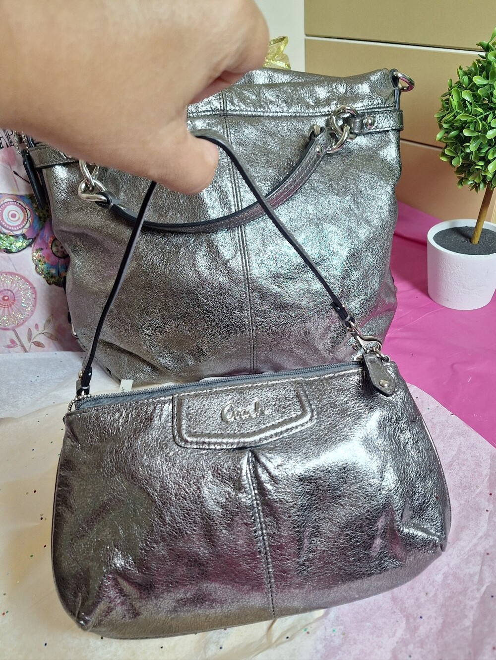 ✨🖤 Matching Set Coach Brooke Metallic Pewter Leather Hobo ✨🖤